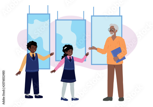 On museum excursion. Elderly man guiding children tour. Vector illustration for education, cultural banner, or museum event flyer.