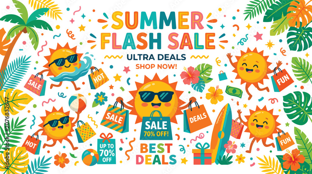 Fototapeta premium Exciting Summer sale banner with cheerful sun characters shopping and offering ultra deals and best discounts