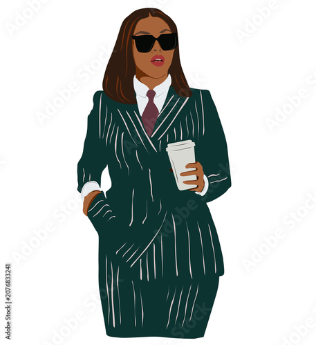 Woman in business style with coffee in hand in flat style isolated on transparent background.