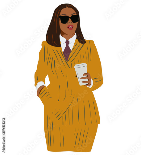 Woman in business style with coffee in hand in flat style isolated on transparent background.