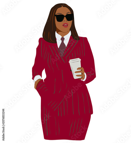 Woman in business style with coffee in hand in flat style isolated on transparent background.
