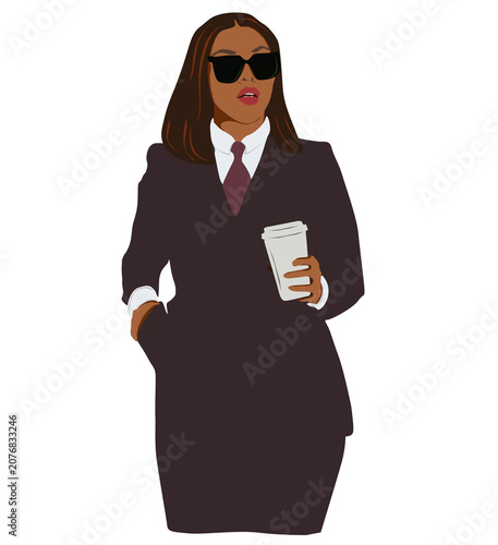 Woman in business style with coffee in hand in flat style isolated on transparent background.