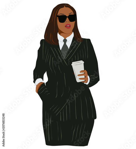 Woman in business style with coffee in hand in flat style isolated on transparent background.