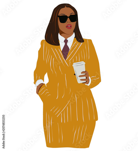 Woman in business style with coffee in hand in flat style isolated on transparent background.