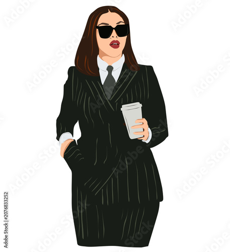 Woman in business style with coffee in hand in flat style isolated on transparent background.