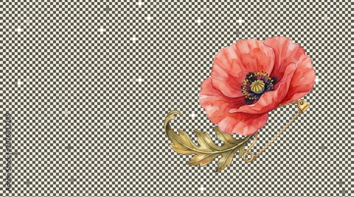 Red poppy flower with leaves on transparent background  