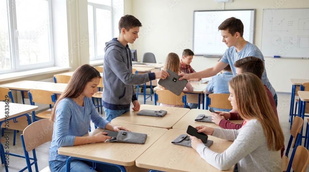 Fototapeta premium Students placing their smartphones into locking pouches in a school classroom