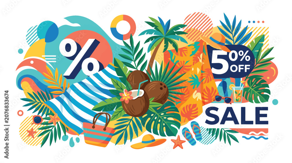 Fototapeta premium Vibrant summer sale announcement with tropical elements, percentage signs, and 50% off offer