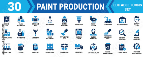 Set of 30 editable icons showing the industrial paint production process and manufacturing factory Minimal solid icon set bundle collection. Editable Vector Illustration Mega pack