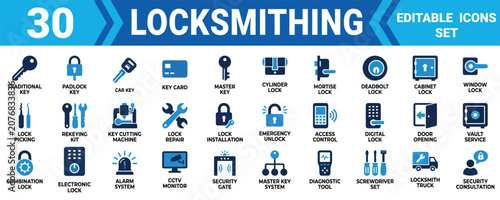 Set of 30 locksmithing and security icons showing various door locks keys tools and professional services Minimal solid icon set bundle collection. Editable Vector Illustration Mega pack