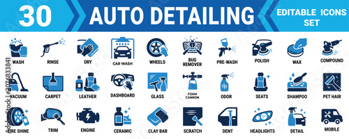 Bild auf Leinwand Set of 30 professional auto detailing service icons for car cleaning maintenance and vehicle care Minimal solid icon set bundle collection