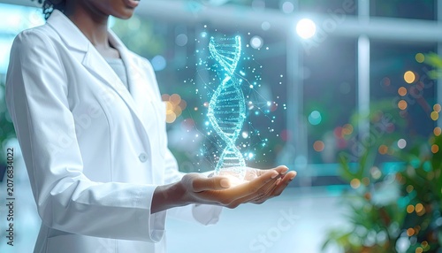 Scientist holding glowing DNA helix hologram in lab.