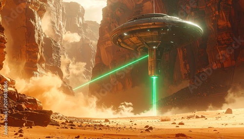 Sci-fi UFO firing green laser beams in canyon.