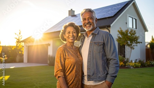 Senior couple standing outside house with solar panels