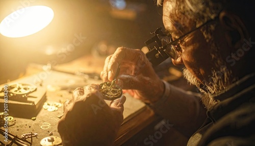 Senior watchmaker repairing intricate mechanical clock parts.