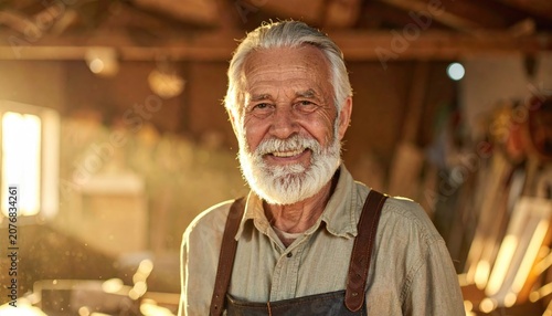 Senior woodworker smiling in sunlit carpentry workshop.