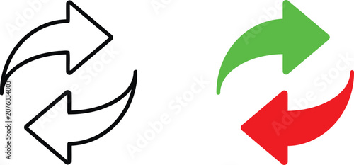 Set of two circular arrow icons with outline and solid green and red colors for refresh and reload web interface design elements