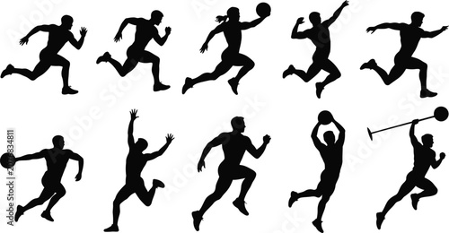 Set of human silhouettes of athletes running jumping and playing various sports like basketball and track and field activities