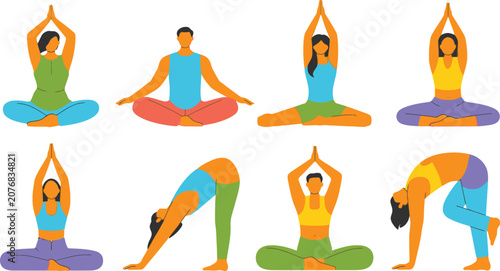 Group of diverse people doing yoga poses and stretching exercises in a flat vector illustration style for healthy lifestyle