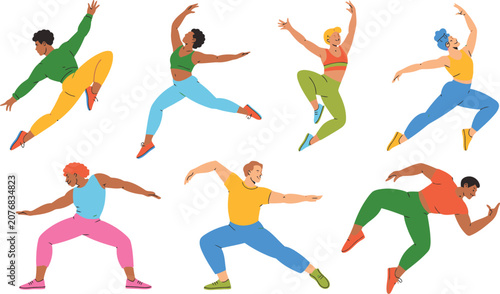 Set of diverse people dancing and moving in colorful clothes showing energy and happiness