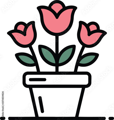 Cute pink tulips flowers growing in a small ceramic pot as a simple line art vector icon illustration for spring and garden design