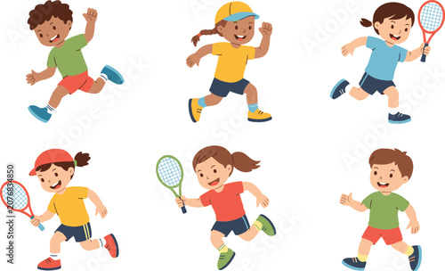 Set of happy diverse children playing tennis and running in colorful sports clothes illustration