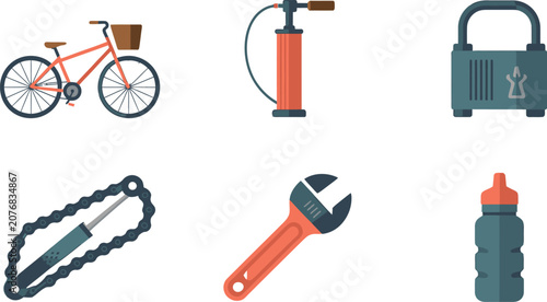 Set of colorful bicycle icons including a pink bike, air pump, bike lock, metal chain, wrench tool and a water bottle container