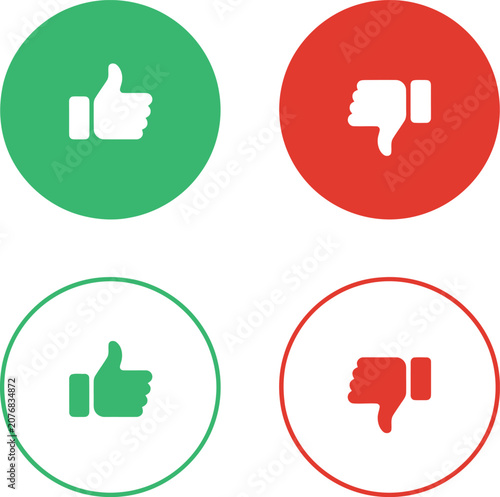 Set of thumbs up and thumbs down icons with green and red colors for positive and negative feedback or rating systems