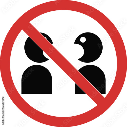 No talking or conversation allowed sign with two people silhouettes and a red prohibition circle symbol for public areas and offices