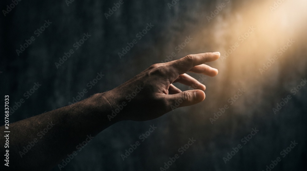Fototapeta premium Hand reaching towards light in dark environment 