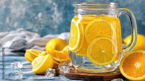Refreshing lemon water pitcher with ice and citrus slices.