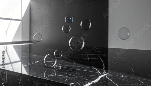 Reflective black marble floor with floating glass spheres.