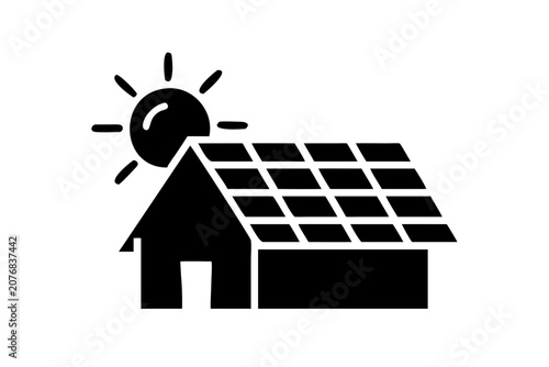 Solar panels on house roof with sun symbol representing renewable energy and sustainable living home solution renewable sustainability electricity environment building architecture technology