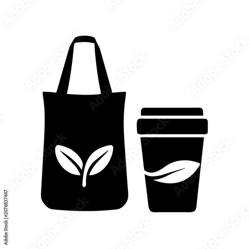 Tote bag and reusable coffee cup icons with leaf symbols for eco friendly lifestyle and zero waste movement reusable sustainable lifestyle shopping environment container beverage conservation