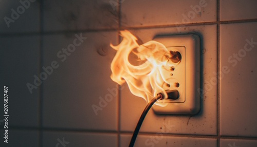 Εκτύπωση καμβά A close-up shot of an electrical wall outlet catching fire with flames and smoke erupting from the socket, illustrating a dangerous short circuit or electrical hazard