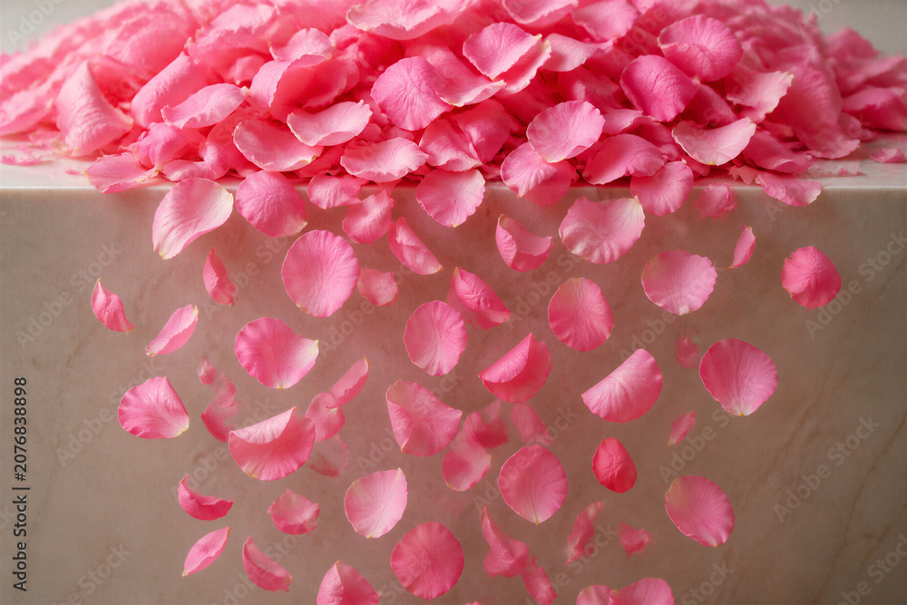 Fototapeta premium Pink rose petals cascading over marble surface and table edge