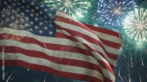 American flag waving against a night sky with fireworks display