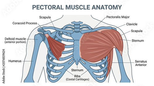 Foto Detailed anatomical illustration of the human upper body focusing on pectoral muscle structure with labeled skeletal and muscular components