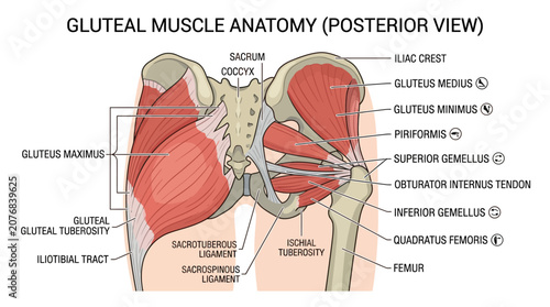 Картината върху платно Detailed anatomical illustration of the human gluteal muscles from a posterior view, showcasing labeled muscles and their corresponding parts