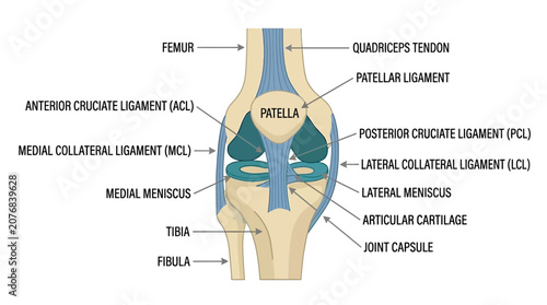 Foto Detailed anatomical illustration of a human knee joint with labeled ligaments and structures on a white background