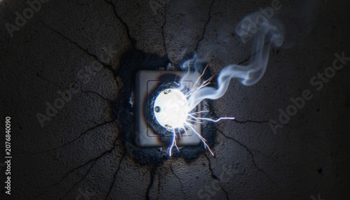 Fotografie A close-up shot of an electrical wall socket catching fire, emitting bright sparks and smoke against a cracked concrete wall, symbolizing a dangerous power failure or short circuit