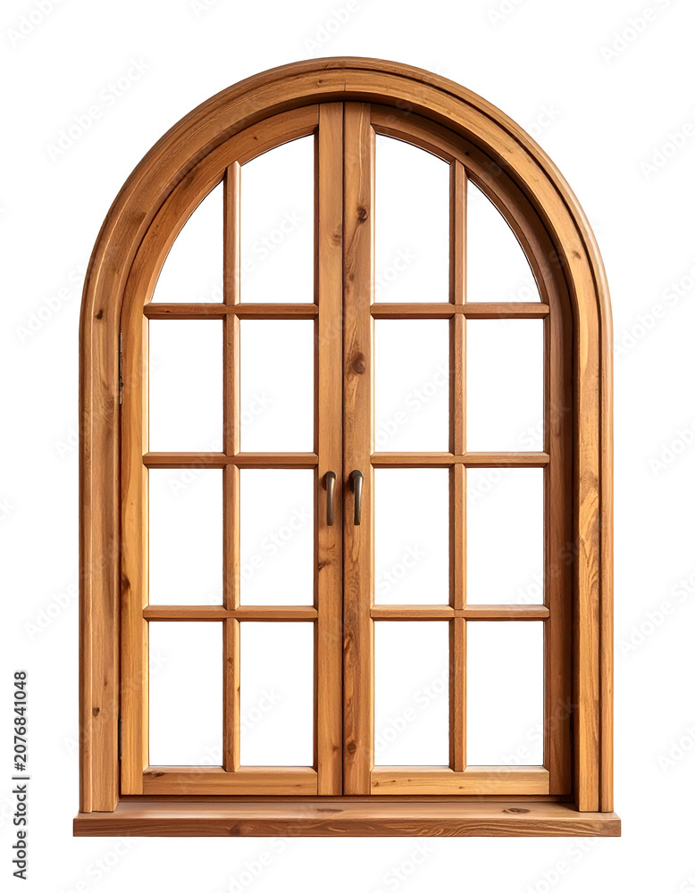 Obraz premium Wooden arched window frame with glass panes featuring classic rustic carpentry construction for residential home architectural interior design renovation projects