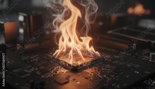 Bild auf Leinwand A close-up view of a computer circuit board with a processor chip engulfed in bright orange flames, symbolizing hardware failure, overheating, or a security threat