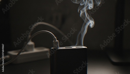 Fotografi A close-up shot of a portable power bank smoking, indicating a battery fire or electrical malfunction, while plugged into a charger on a dark desk
