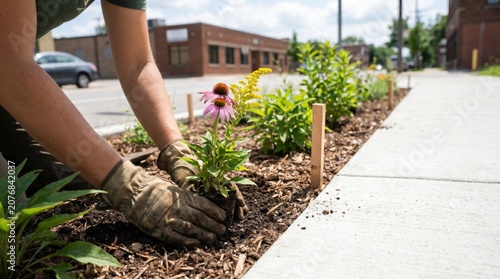 Person in gloves planting flowers in urban sidewalk garden bed