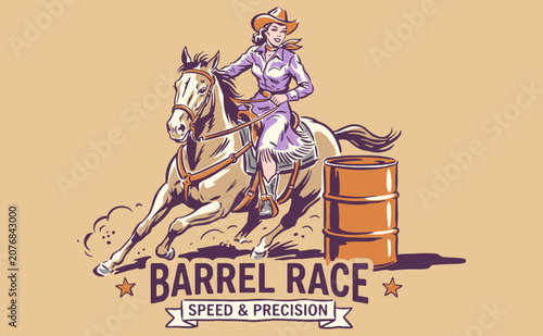 Tableau sur toile Vintage barrel race cowgirl on horse vector illustration