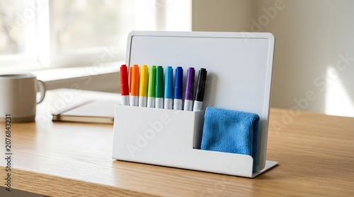 White magnetic desktop whiteboard with colorful markers and a blue cleaning cloth displayed neatly upon a natural wooden office desk