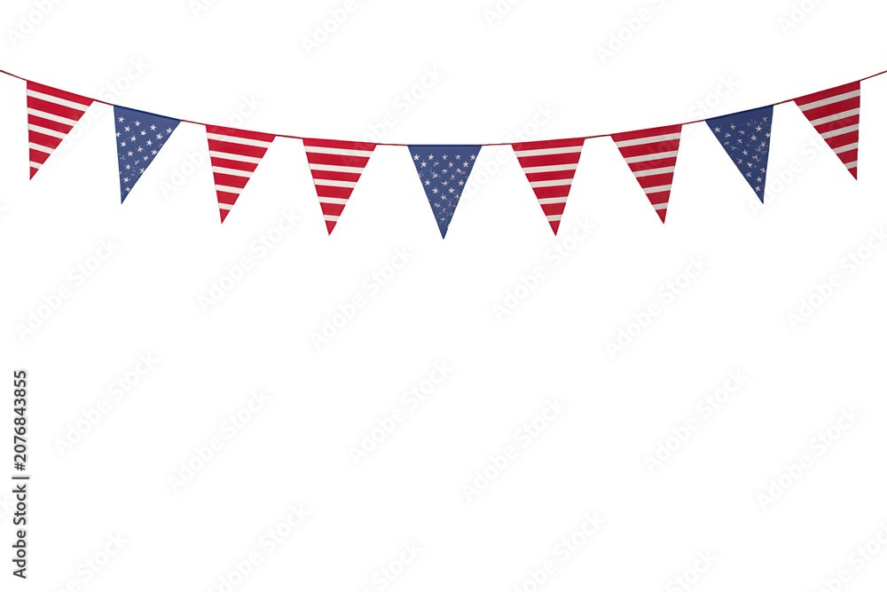 Obraz premium Usa flag bunting garland string, celebrating national holidays, patriotism, fourth of july events, transparent background