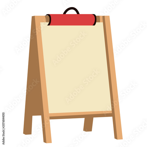 Wooden easel stand with paper ideal for picnic signs, outdoor displays, information boards, and rustic decorations with flat vector style.