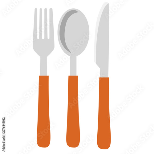 Cutlery set with fork spoon and knife ideal for picnic dining, outdoor eating, and portable tableware with flat vector style.